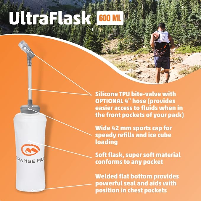 Orange Mud 600ml Soft Flask - UltraFlask (One Bottle) - Collapsible Hydration Bottle with Sport Cap & Hose - Pocket Fit, BPA-Free, Anti-Slosh Design