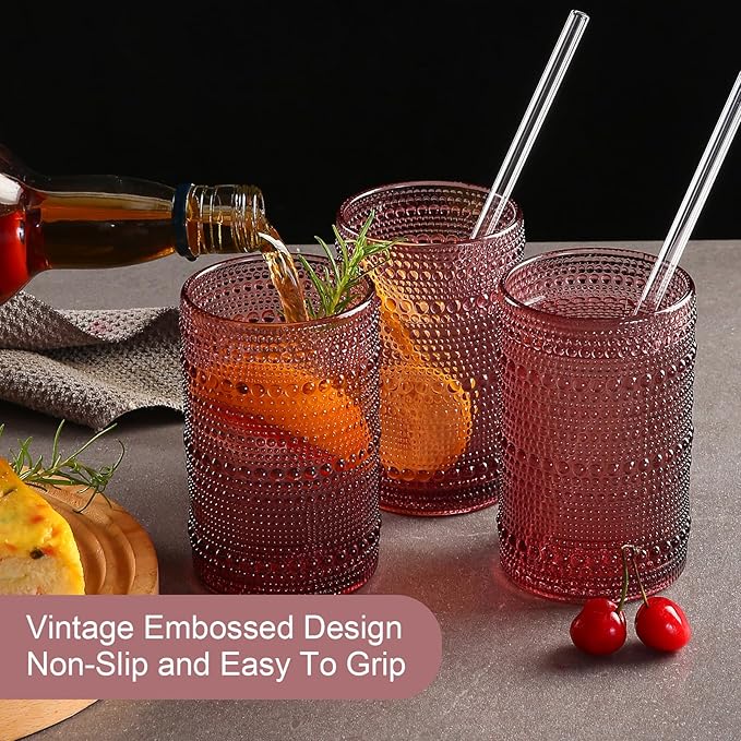 ZMOWIPDL Vintage Glassware Drinking Glasses Set of 6,15 oz Hobnail Glass Cups,Embossed Purple Water Tumbler,for Beer,Cocktail,Whiskey,Juice and Various Mixed Drinks- 1 Cleaning Brush