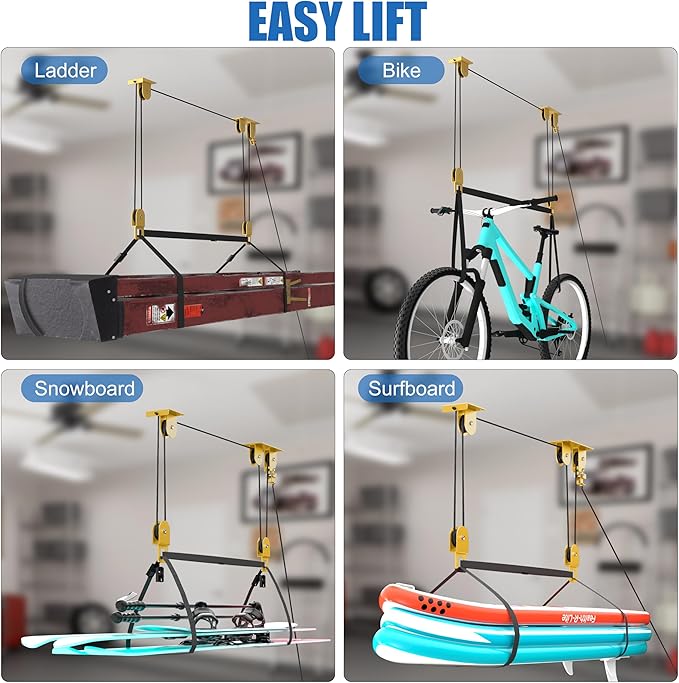 TRUSOON Ladder Storage Pulley Hoist, Self Locking Function Ladder Hanger, Garage Ceiling Mount Lift System for Lightweight Kayak, Bike, Surfboard, Hold 100 lbs, Fit 10-18 Foot Ceilings