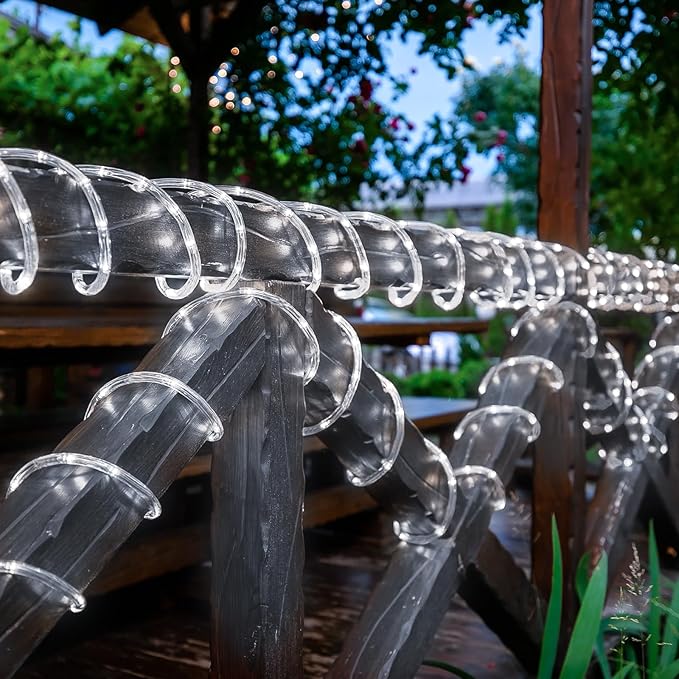 Solar Rope Lights, 33ft 100LED Solar String Lights, 8 Modes Waterproof Solar Powered Outdoor Light, Flexible Clear Tube Light for Garden, Backyard, Patio, Deck, Porch, Pool, Tree Decorative - White