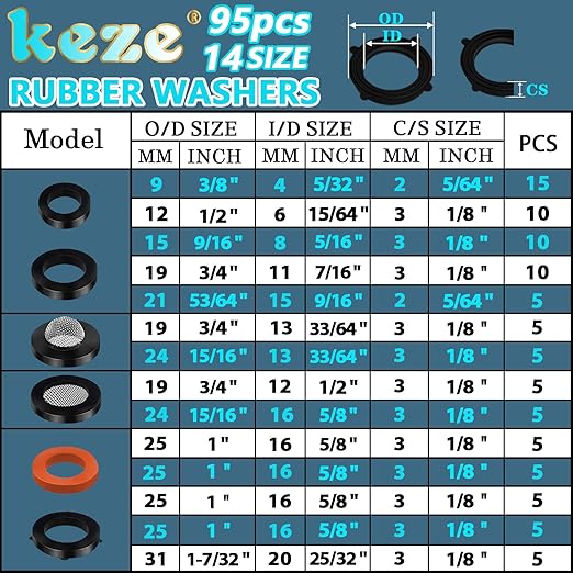 KEZE 780 PCS Rubber Washer Assortment Kit 14 Size Water Hose Washers and 18 Size Nitrile O Ring Washers Set for Outside Faucet Spigot Garden Hose Pressure Washer Plumbing Repair OD 5-33MM