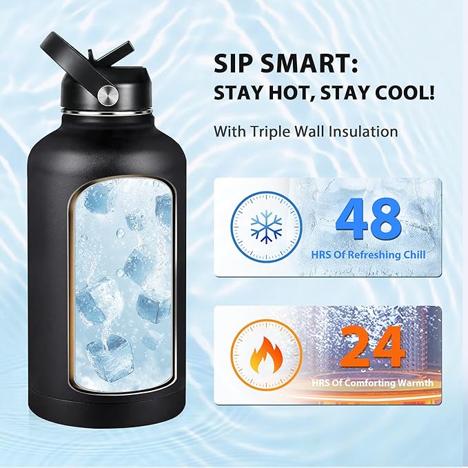Insulated Water Bottle 64 oz, Triple Wall Vacuum Stainless Steel Water Bottles (Cold for 48 Hrs), Leak Proof & Non-BPA, Half Gallon Water Flask Jug Wide Mouth Straw Lid & Spout Lid