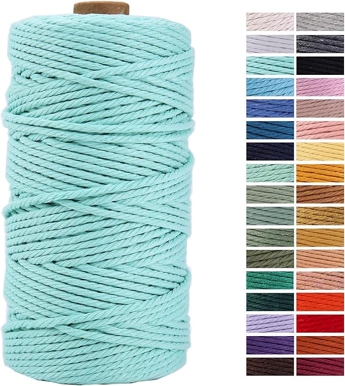 Light Blue Macrame Cord 3mm x 109 Yards, Colored Cotton Rope for Crafts, Wall Hanging, Plant Hangers