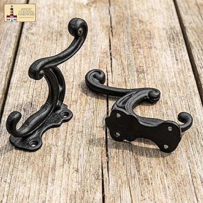 Mystic Colonial Rustic Cast Iron Wall Hooks Heavy Duty Vintage Utility Hooks for Hanging Coat, Bag, Towel, Robe, Hat & More Decorative Wall Mount Hanger, Pack of 2, Black