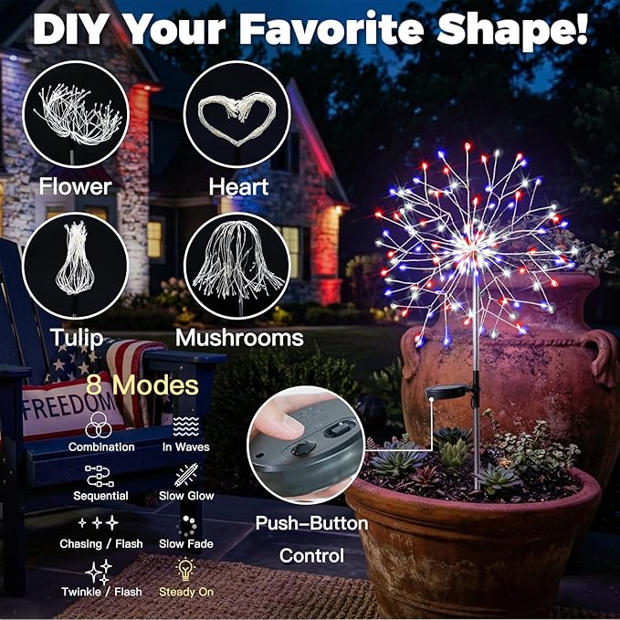 suddus 4th of July Decorations Solar Garden Lights, Upgrade 2Pack 150LED Red White Blue Solar Firework Lights with 8 Modes Outdoor, Starburst Fairy Lights Waterproof Yard for Independence Day Decor