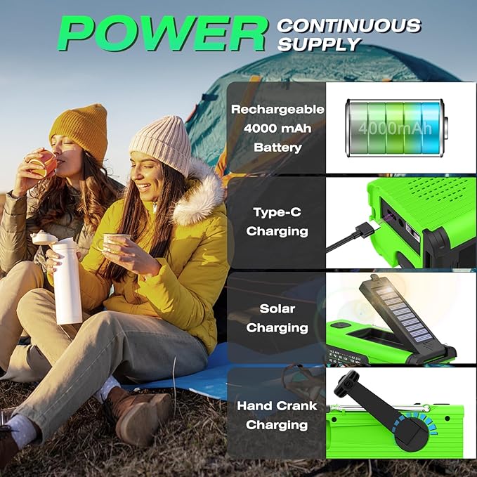 NITIGO Radios for Emergency, Multifunction Solar Charger Hand Crank NOAA Weather AM/FM Radio 4000mAh with USB Charged, Reading Lamp, Flashlight, SOS Alarm, Headphone Jack for Camping Emergencies