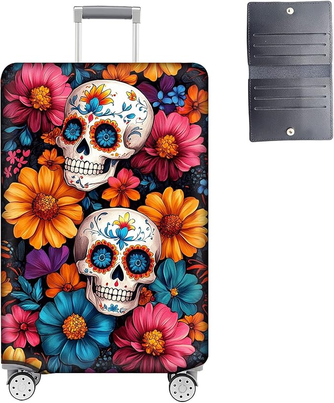 Luggage Cover Protector for 26-28 Inch Suitcases, TSA Approved Elastic Travel Suitcase Covers, Anti-Scratch Washable Luggage Sleeve for Carry On & Checked Bags, Sugar Skulls