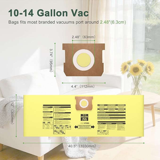 12 Pack 10-14 Gallon Vacuum Bags For Shop Vac Bags, Disposable Wet Dry Vaccum Collection Bags Replace Part Type I #90672 9067200, Type F #90662 9066200 9066233, VF2005 (Yellow)