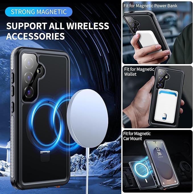 ANTSHARE IP68 Waterproof Case for Samsung Galaxy S25 [2025] - with Kickstand - MagSafe Compatible, Built-in Screen/Lens Protector - Shockproof Full Body Protection for Swimming/Outdoor, Black