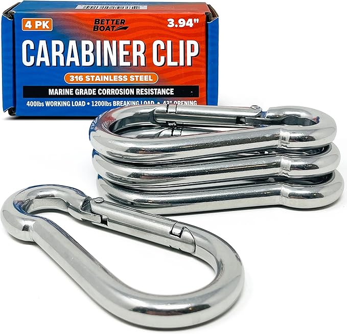 Stainless Steel Carabiner Clip, 4 Pack, 316 Marine Grade, Heavy Duty Spring Snap Hooks, Mini and Large Sizes, 2" to 4" Options