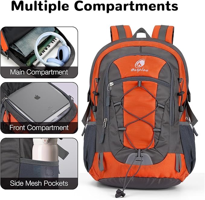 25L Small Hiking Backpack with Chest Strap for Men Women, Waterproof Travel Backpack Day Pack, Lightweight Padded Hiking Daypacks for Camping Traveling Outdoor Sports, Orange