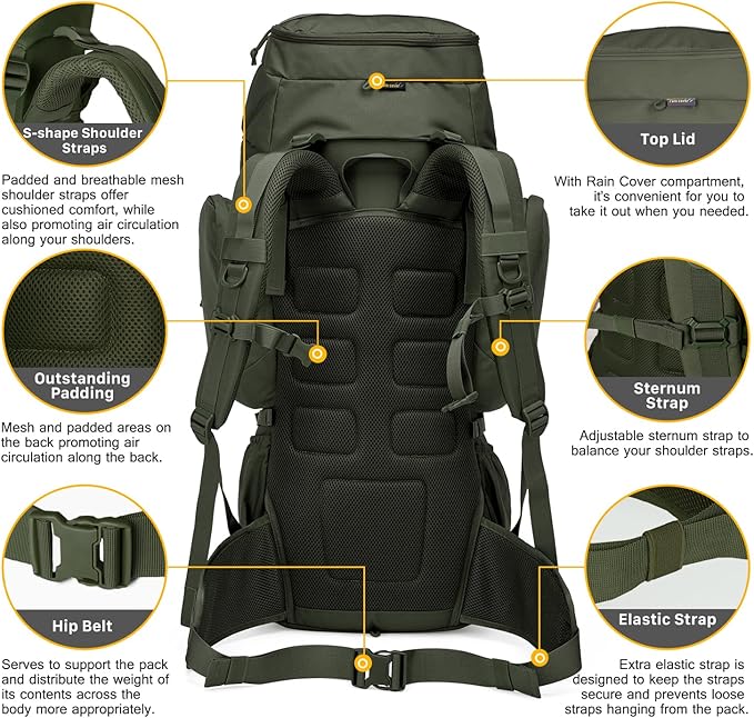 Mardingtop 60L Military Internal Frame Backpack for Hiking,Camping,Hunting,Rucksack Backpack with Rain Cover