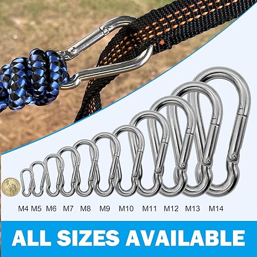 304 Stainless Steel Carabiners -2.76 inch Heavy Duty, Durable & Rust-Free Clips for Gym, Swing, Dog Leashes, Hammocks, Keychains, and More(304,M7,Pack of 6)