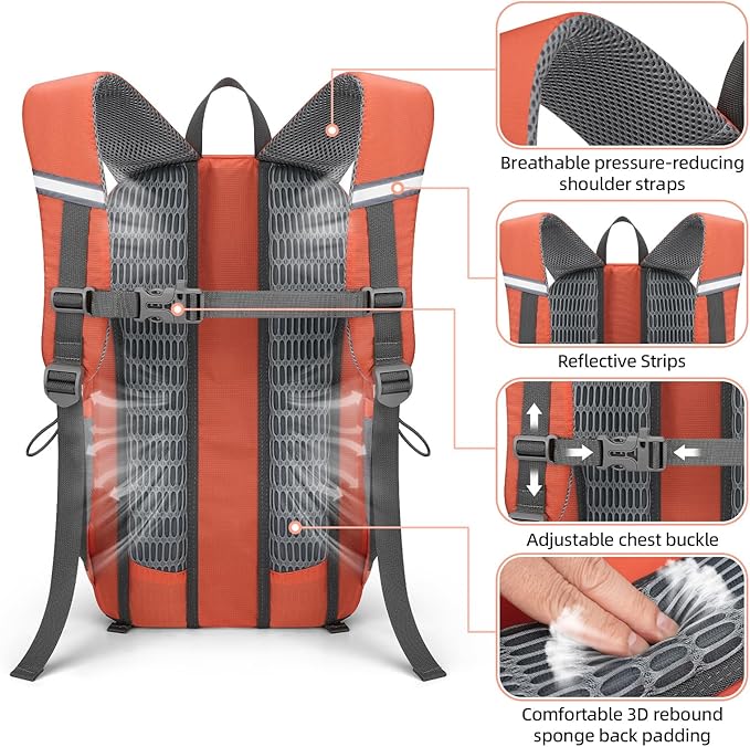 RealCool Hiking Backpack for Men Women,20L Lightweight Waterproof Travel Camping Backpack Hiking Daypack for Cycling Running,Orange