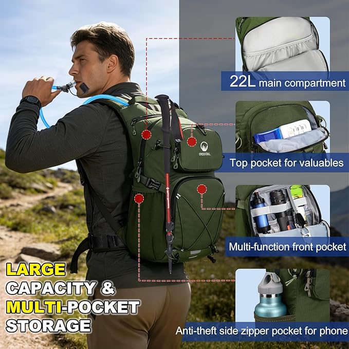 Hydration Backpack 22L, Hiking Backpack with 2L Leakproof Bladder, Sewn-in Rain Cover, Insulated Compartment for Men & Women Running, Cycling, Camping