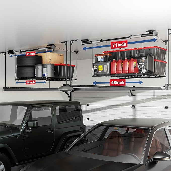 FLEXIMOUNTS Overhead Garage Storage Rack Lift, 4x4 Ft Heavy-Duty Garage Ceiling Storage Racks, Adjustable Organization System With 71'' L Axle, 350lbs Load Capacity, Flat Black