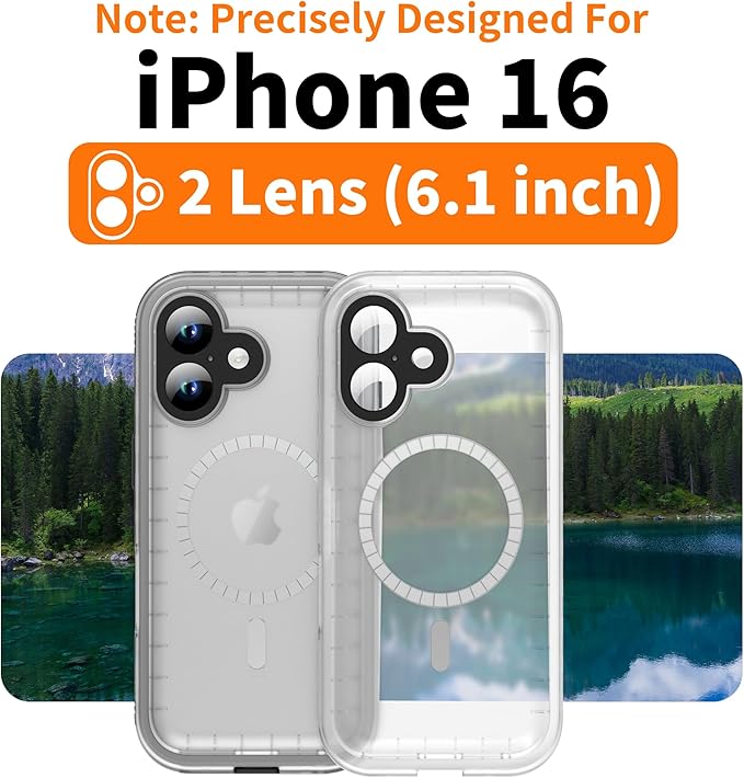 Cozycase for iPhone 16 Waterproof Shockproof Dustproof Case [Compatible with MagSafe] - Heavy Duty/360 Full Body/Military Grade/Rugged Built in Screen/Camera Protector Black/Frosted Clear 6.1 inch