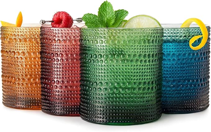 Khen Plastic Hobnail Drinking Glasses Set of 4 Neutral Tones Cups 14oz, Shatterproof & Unbreakable Acrylic Beaded Design, BPA-Free, Dishwasher Safe Indoor/Outdoor Drinkware for Water, Juice, Cocktails
