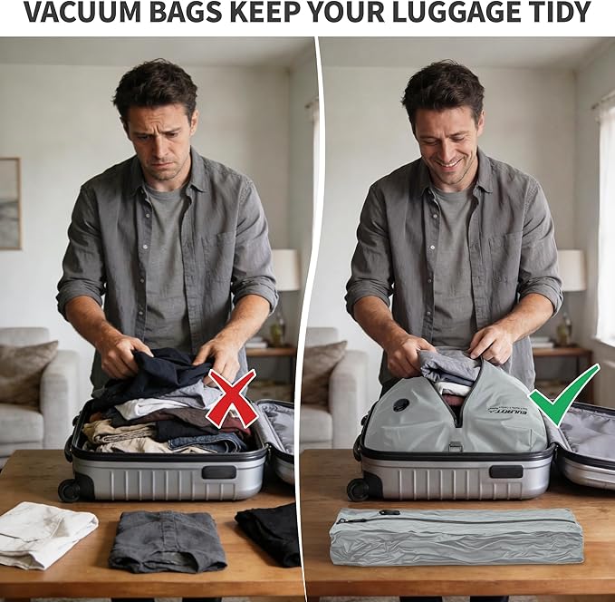 Reusable Vacuum Bags for Travel With Pump,Professional Waterproof IPX8 Vacuum Compression Bag for Suitcases Backpack,Space Saver Bags Packing Organizers for Clothing Packing(2 Pack,Gray)