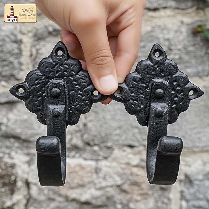 Mystic Colonial Rustic Cast Iron Wall Hooks, Heavy Duty Retro Utility Hooks for Hanging Coat, Bag, Towel, Robe, Hat & More, Pack of 2 | Joined Pieces, Black