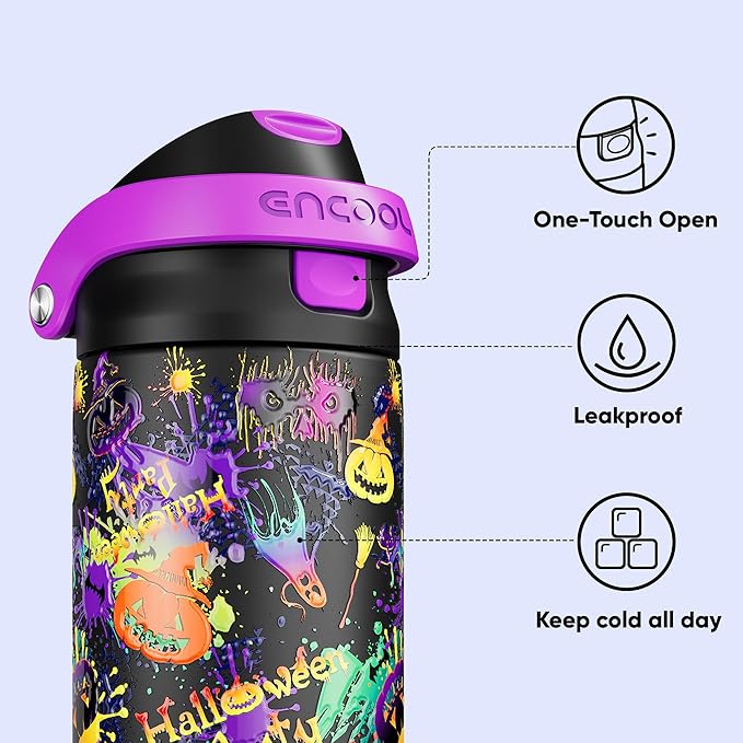 Encool SwiftSip Insulated Stainless Steel Water Bottle with Straw - Leak Proof Sports Water Bottle for School, Travel, Keeps Cold All Day, One-Touch Flip Lid, BPA-Free, 24 oz, Ghost Party