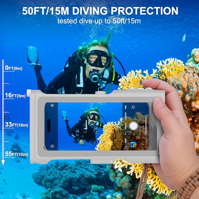 Universal Underwater Phone Diving Case with Bluetooth Controller, IP68 50FT Waterproof for iPhone 17 (Standard Only), iPhone 16/15/14/13/12/11 & Galaxy S24/S23/S22, Grey+Orange