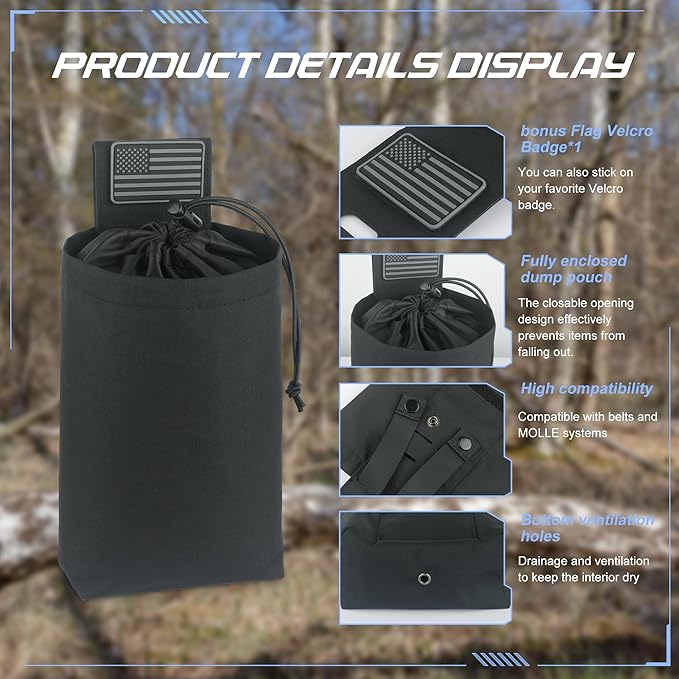 Tactical Dump Pouch for Battle Belt & MOLLE Systems | Foldable Mag Pouch with Drawstring Closure | for Hunting, Duty, Paintball | Includes Flag Patch