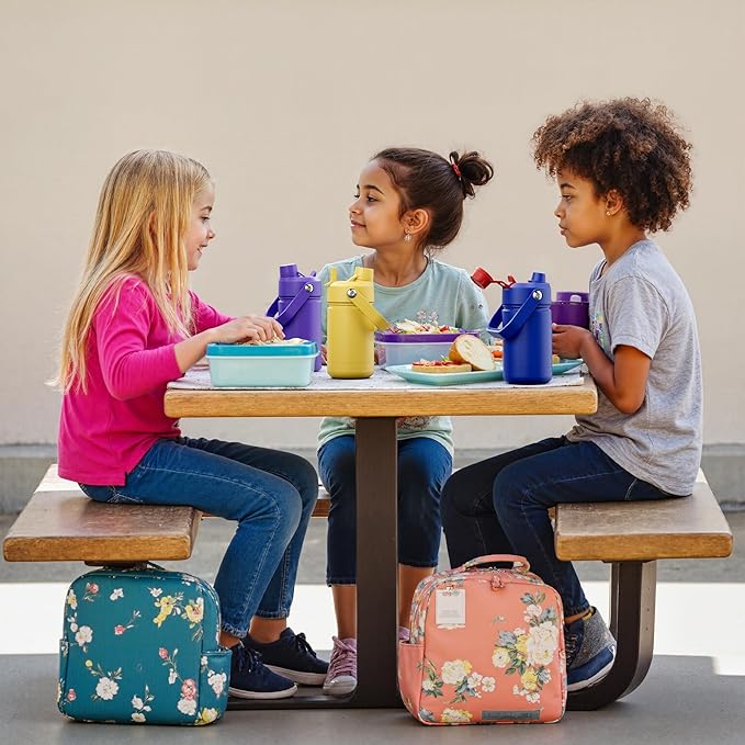 ENCOOL Kids Insulated Water Bottle with Straw - 12oz Stainless Steel Water Bottle with Dual Spouts, Leak-Proof, BPA-Free, Double Wall Vacuum Keeps Cold for 24 Hours for Sports, Travel, School (Tulip)