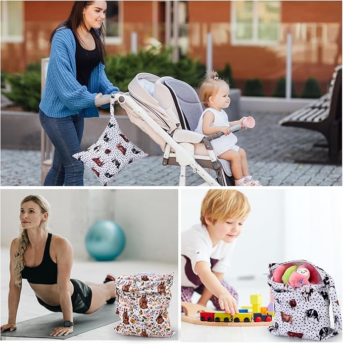2pcs Cloth Diaper Wet Dry Bags Waterproof Reusable with Two Zippered Pockets Travel Beach Pool Stroller Daycare Soiled Baby Items Yoga Gym Bag for Swimsuits or Wet Clothes - Highland Cow