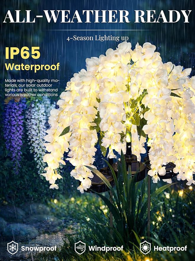 GIGALUMI Solar Lights Outdoor for Garden Decor, 2 Pack Solar Flower Lights Waterproof, 2 Lighting Modes Wisteria for Pathway,Yard, Patio Decoration, Gardening Gifts for Women (White)