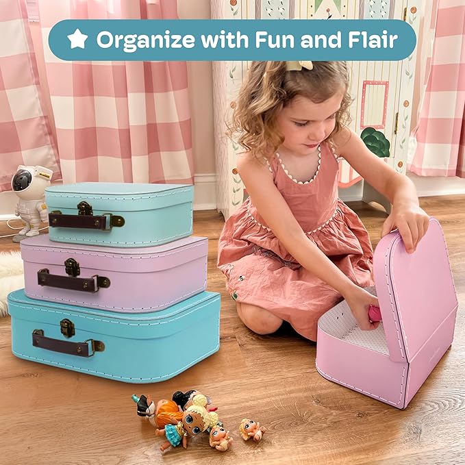 Jewelkeeper Paperboard Suitcases - Set of 3 Decorative Vintage Storage Boxes - Retro Luggage Decor for Birthdays, Weddings, Nursery, or Home Display - Pastel Cardboard Storage Box Set