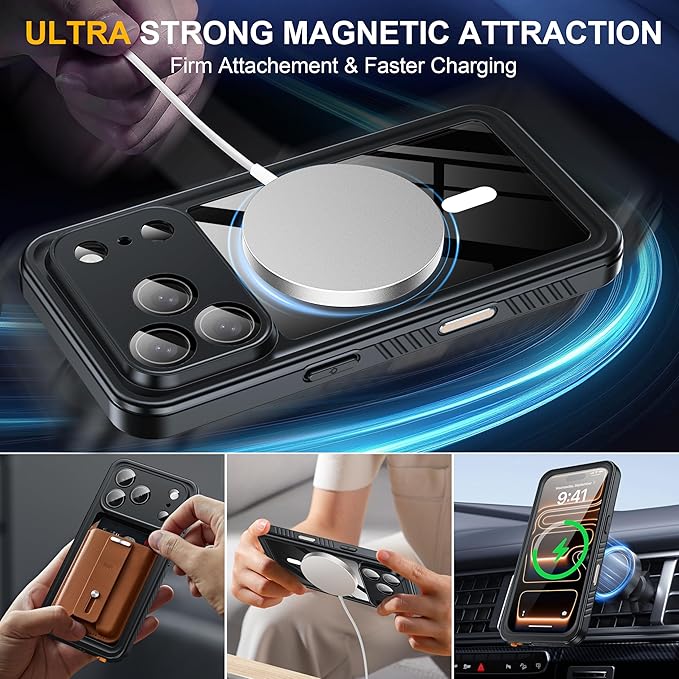 ANTSHARE for iPhone 17 Pro Case, Compatible with Magsafe, IP68 Waterproof Case, [Built-in Screen Protector] - 12 FT Military Dropproof - Full Body Heavy Duty Rugged Phone Cover - Black/Clear
