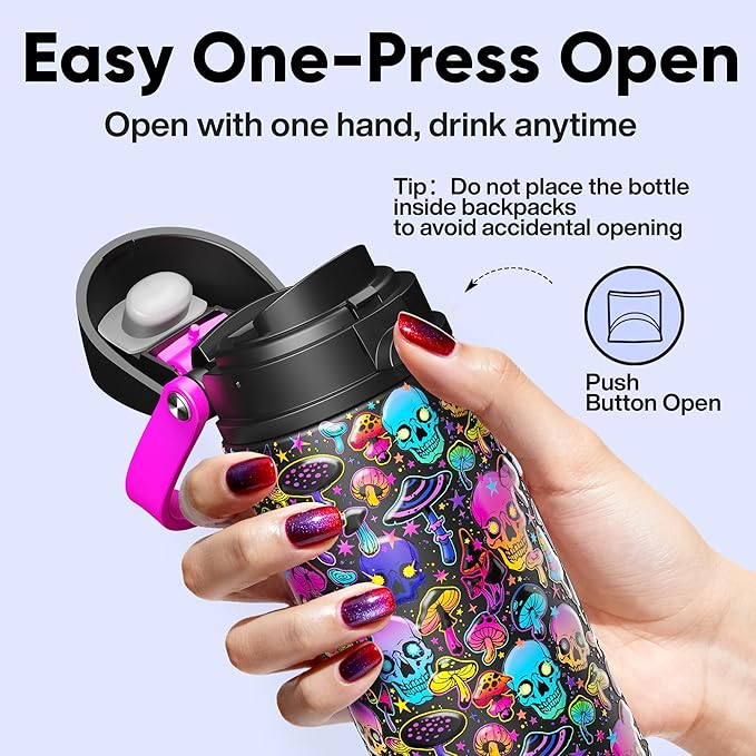 Insulated Water Bottle with Straw - Encool Stainless Steel Water Bottle with Push Button Lid, Leak-Proof & BPA-Free, Keeps Cold for 24 Hours for Sports, Travel, Gym (24 oz, Trippy Skulls)