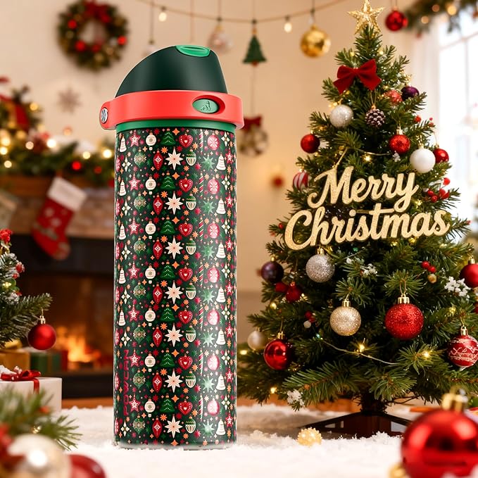 POWCAN 24 oz Christmas Insulated Water Bottle: 2-in-1 Push-Button Spout & Quick-Flip Straw, Leakproof, Fits in Car Cupholder, Stainless Steel Water Bottle for Holiday Gift, Sports, School (Jingle Joy)