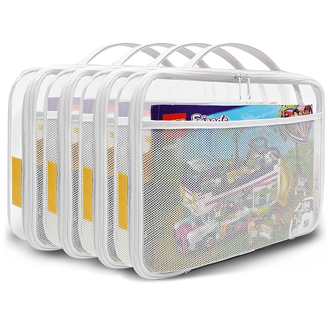 holay 4 Packs Large PVC Toy Storage Organizer with Zipper, Name Tag & Manual Pocket, Clear Durable Case for Blocks, Clay, Board Games, Travel (White, Large)