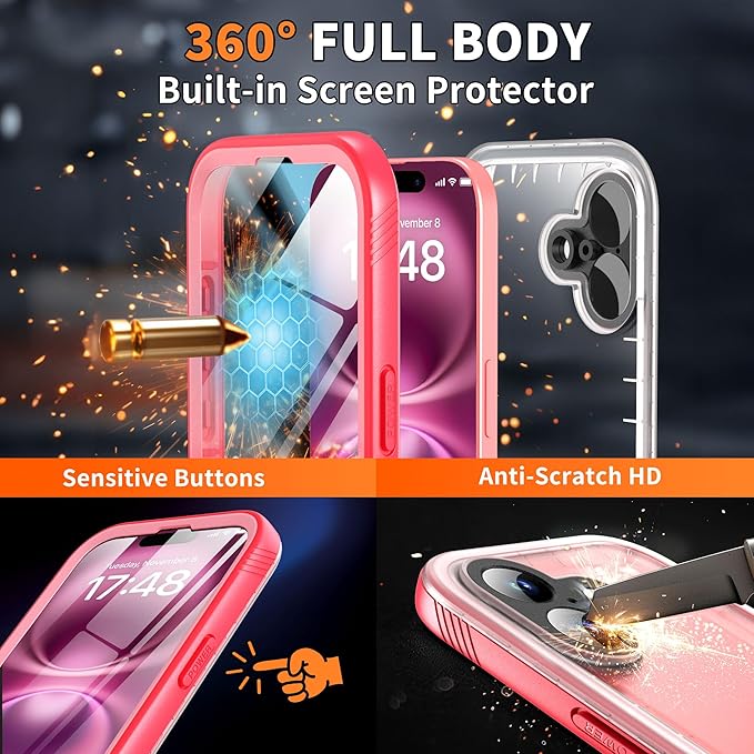 Cozycase for iPhone 16 Case Waterproof - 360 Heavy Duty with Screen/Camera Protector Shockproof IP68 Underwater Dustproof Water Dust Shock Proof Full Body/Front and Back Case Pink/Frosted Clear