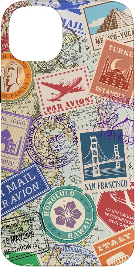 World Map Travel Passport Stamps Postage Stamp Case for iPhone 14 Plus