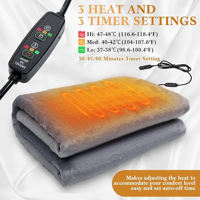 Riakrum 12v Car Heated Blanket 57"x43", Portable Electric Car Blanket with Storage Bag, Auto-Off Heat Control for Truck SUV Rv Winter Travel, Camping, Road Trips, Office, Gifts for Mother Day, Gray