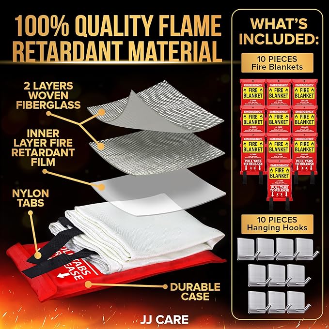 JJ CARE Fire Blanket – 10 Packs with Hooks – 40" x 40" Emergency Fire Blanket for Home & Kitchen, High Heat Resistant Fire Suppression Blankets for Home Safety, Kitchen, and Camping