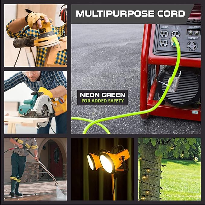 Iron Forge Cable 10 Gauge Extension Cord 10 ft, 10/3 Heavy Duty Extension Cord 3 Prong Lighted End, SJTW Weatherproof Light Green Outdoor Power Cable for Major Appliances, 15 AMP