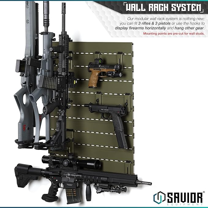 Savior Equipment Wall Rack System Heavy-Duty Steel Tactical Rifle Carbine Shotgun Handgun Storage Wall Mount, Modular Firearms Gun Wall Gear Accessories Organizer, Holds up to 6 Rifles & 6 Pistols