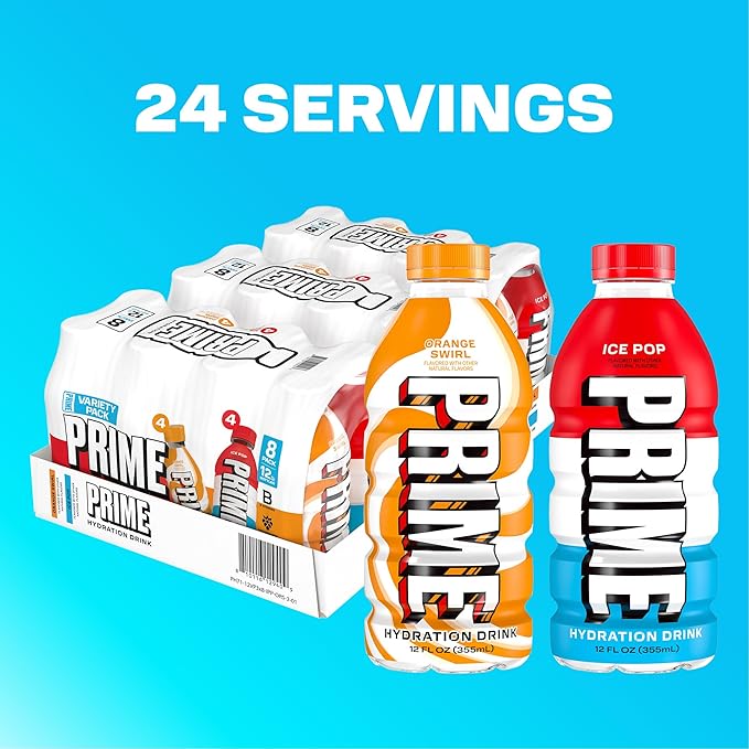 PRIME Hydration Ice Pop & Orange Swirl Sports Drinks with Coconut Water, Electrolyte Enhanced to Replenish Fluids, Zero Added Sugar, B Vitamins, Antioxidants, Natural Flavors, 12 Fl Oz 24 Pack