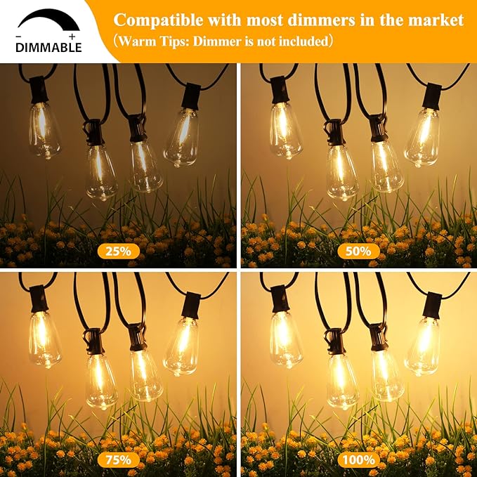 Brightever Outdoor String Lights, 25FT Patio Lights with 13 ST38 LED Edison Bulbs (1 Spare), Waterproof Connectable String Lights for Outside, Dimmable Hanging Light for Backyard Porch Decor, Black