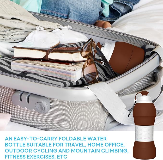 Collapsible Lightweight 20oz Water Bottle, Food-Grade Silicone BPA Free, Foldable Portable Leak Proof Office Travel Cycling Sports Outdoor Water Bottle with Vertical Hook (brown, Short nozzle)