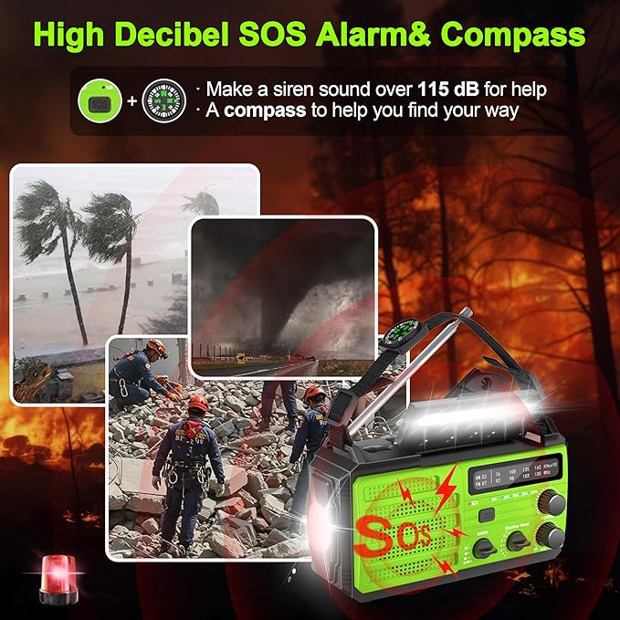 Emergency Radio with Solar & Hand Crank Radio 22200mWh (6000mAh) NOAA Emergency Weather Radio Alert, SOS Alarm, AM/FM, Hand Crank Flashlight, Compass for Tornado, Winter Storm, and Survival Kits