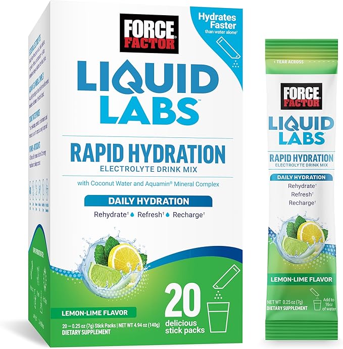 Force Factor Liquid Labs Electrolytes Powder Packets—Lemon Lime—Hydration Packets to Make Electrolyte Water with 5 Essential Electrolytes, Vitamins, Minerals, and Antioxidants, 20 Stick Packs