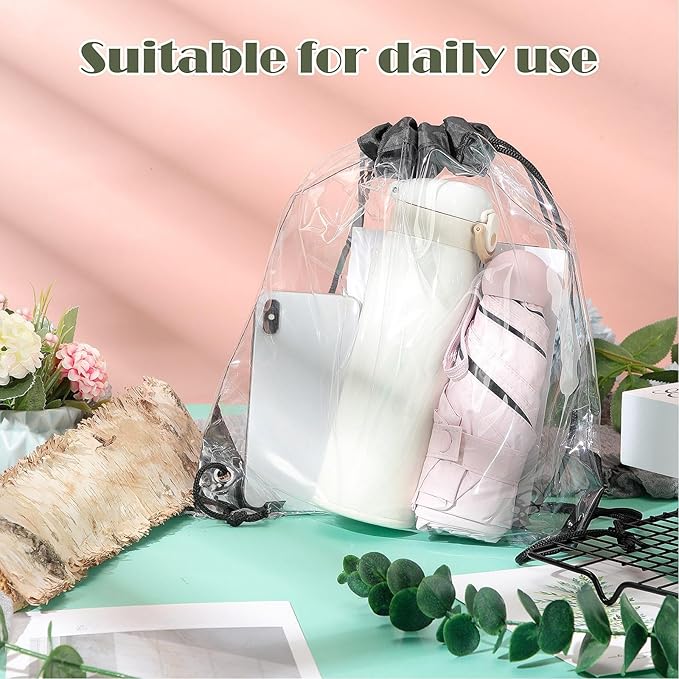 Shappy 30 Pcs Clear Drawstring Backpack, Plastic Waterproof Transparent Stadium Bags String Bag for Gym Travel (Black)