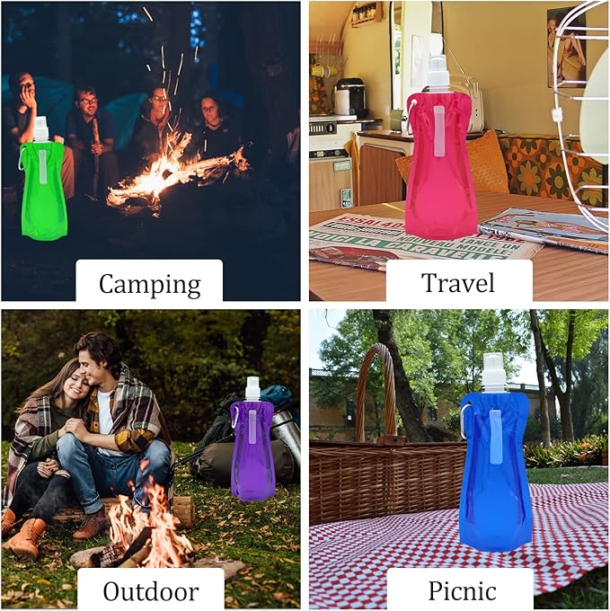 10pcs Collapsible Reusable Water Bottle with Carabiner Clip and folding funnel, for For Gym, Sports, Teams, Hiking, Camping, Biking, Outdoors, Beach, Traveling, Yoga & More, 5 Color