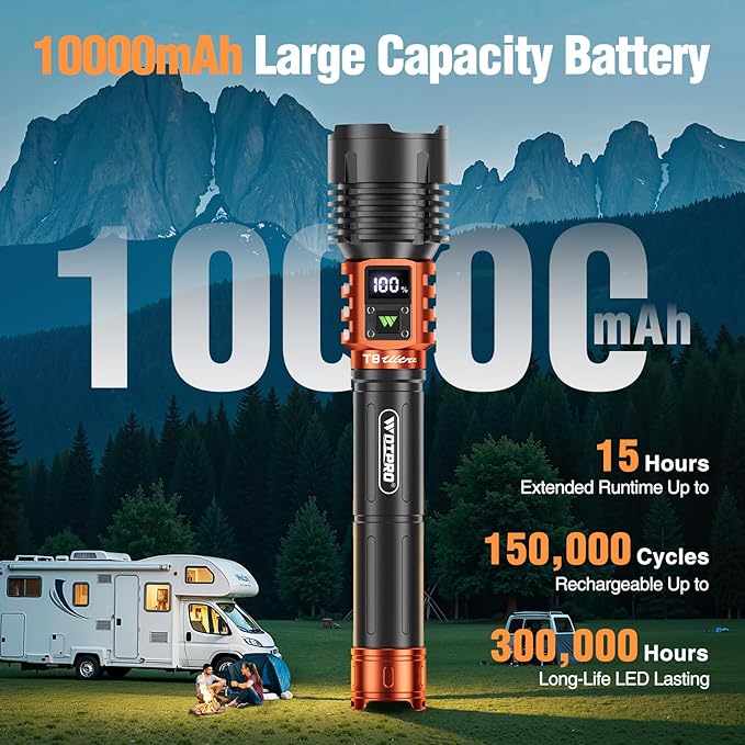 Wdtpro Rechargeable LED Flashlights High Lumens, Super Bright 90,000LM Rechargeable Flashlight with LCD Display, 5 Modes & Waterproof Powerful 10000mAh Handheld Flashlight for Camping Emergency Orange