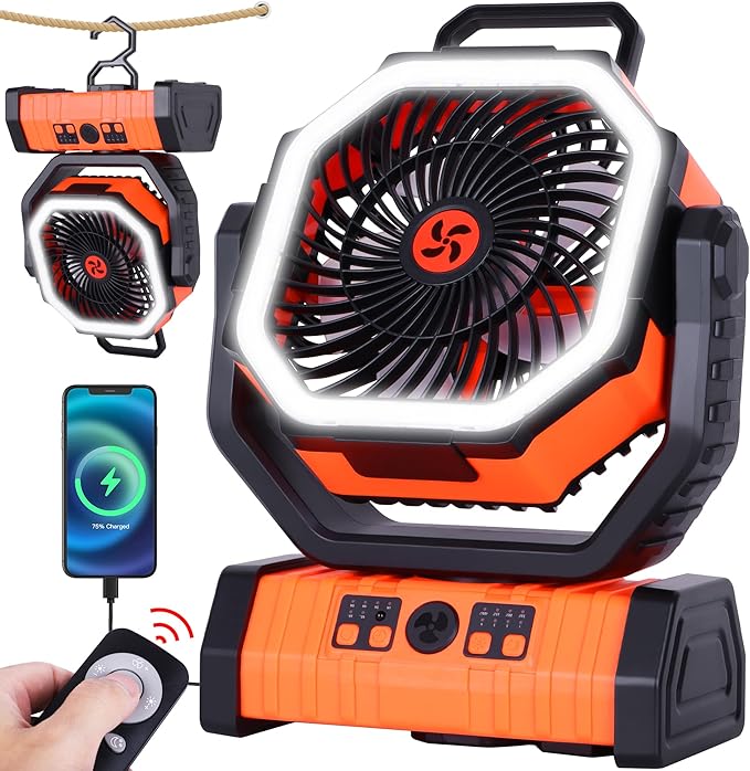 20000mAh Emergency Battery Powered Fan & LED Light, Battery Operated Rechargeable Fan for Power Outage, Car Defrosting, Indoor Use with 360° Oscillating & Hook, 8H Timer, Portable Camping Fan